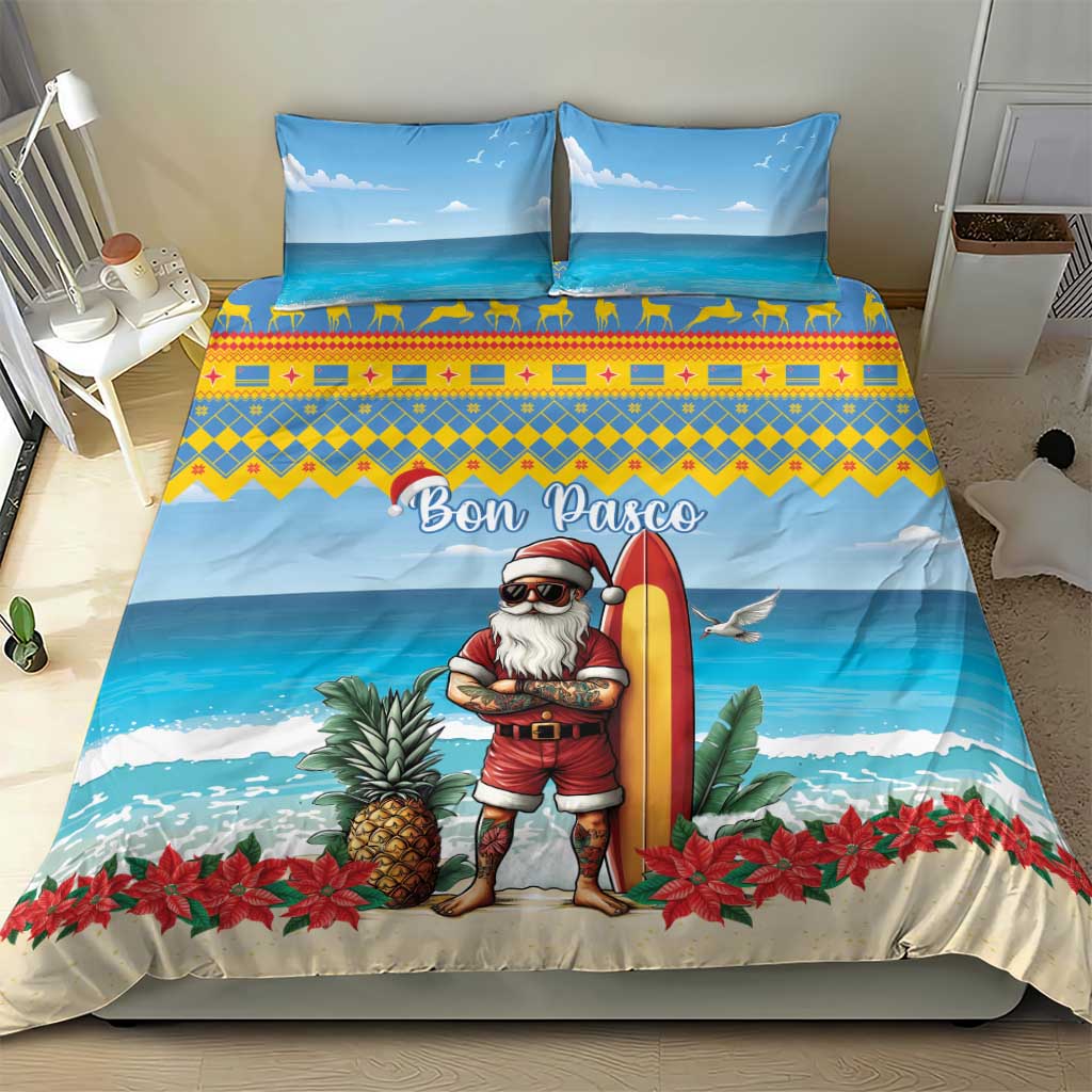 Blue Christmas bedding set with surfboard Santa, Bon Pasco text, poinsettias and pineapples