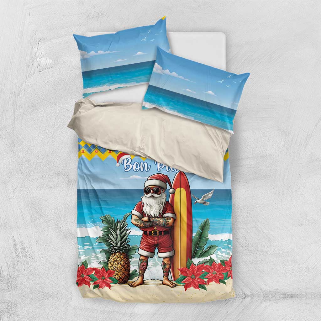 Blue Christmas bedding set with surfing Santa, Bon Pasco lettering, duvet and two pillowcases