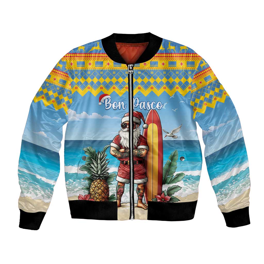 Unisex blue bomber jacket, full-zip front, Santa surfer graphic, ribbed cuffs