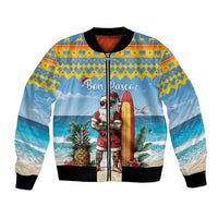 Unisex blue bomber jacket, full-zip front, Santa surfer graphic, ribbed cuffs