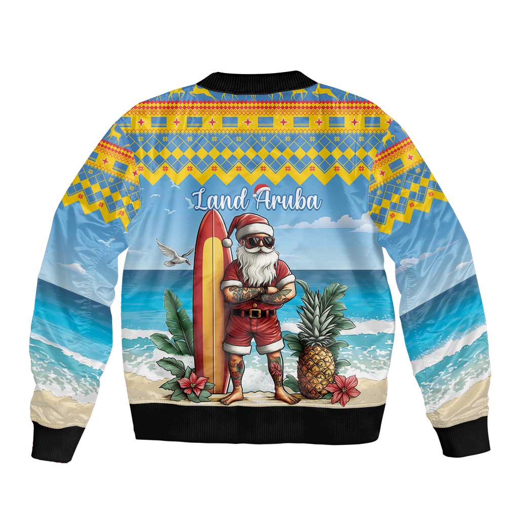 Unisex blue bomber jacket, back print Land Aruba with Santa and surfboard, ribbed hem