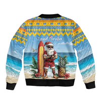Unisex blue bomber jacket, back print Land Aruba with Santa and surfboard, ribbed hem