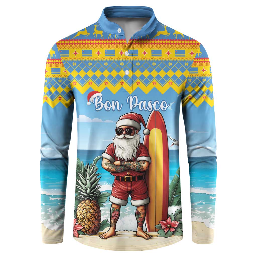 Blue Christmas button sweatshirt with surfer Santa, surfboard, pineapples and floral accents.