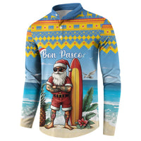 Blue Christmas button sweatshirt with surfer Santa graphic, collar and front buttons.