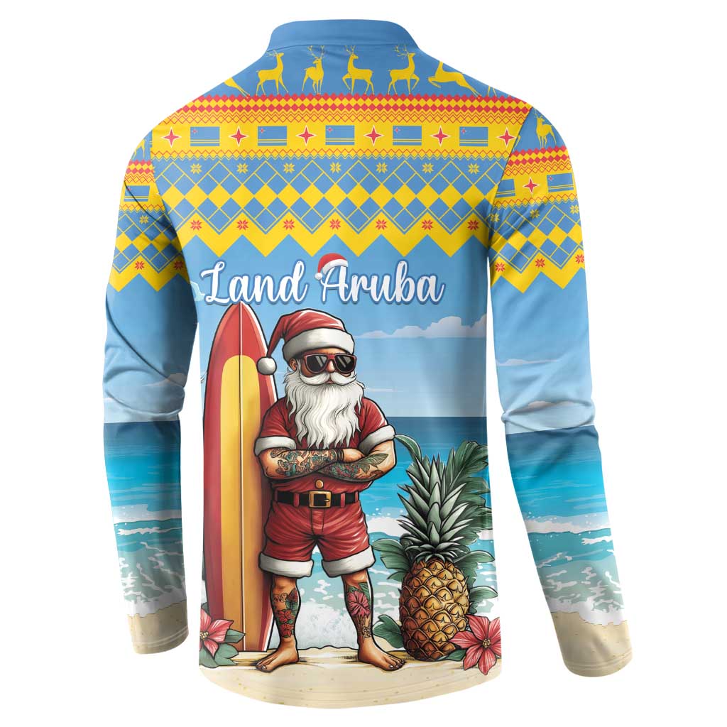 Blue Christmas button sweatshirt, back view with surfer Santa and Land Aruba text.