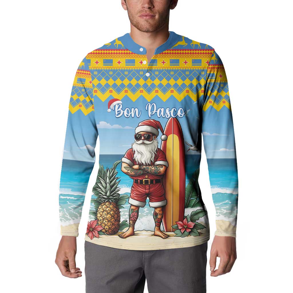 Blue Christmas button sweatshirt featuring Bon Pasco surfer Santa illustration on front.