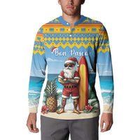 Blue Christmas button sweatshirt featuring Bon Pasco surfer Santa illustration on front.
