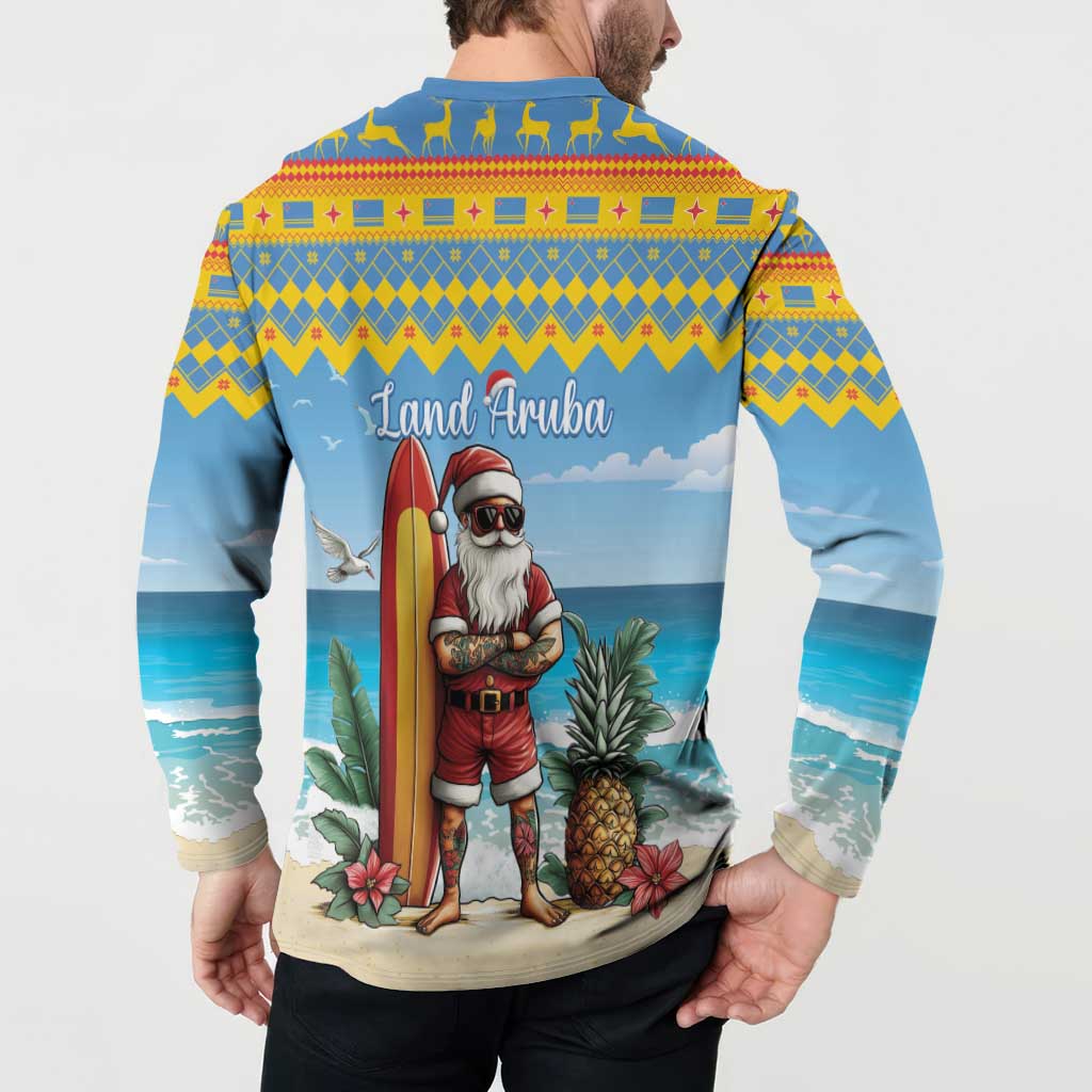 Blue Christmas button sweatshirt, back view with Land Aruba surfer Santa, pineapple and flowers.