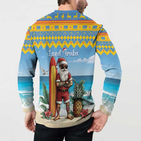 Blue Christmas button sweatshirt, back view with Land Aruba surfer Santa, pineapple and flowers.