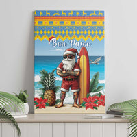 Bon Pasco canvas wall art featuring Santa with a surfboard, pineapple and poinsettias