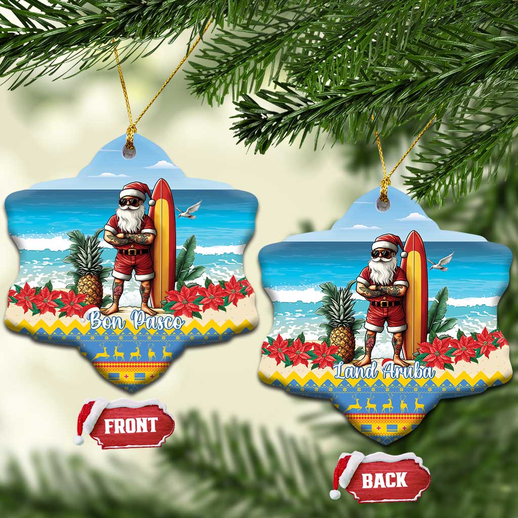 Two blue star-shaped ceramic ornaments with Santa surfing; “Bon Pasco” and “Land Aruba”.