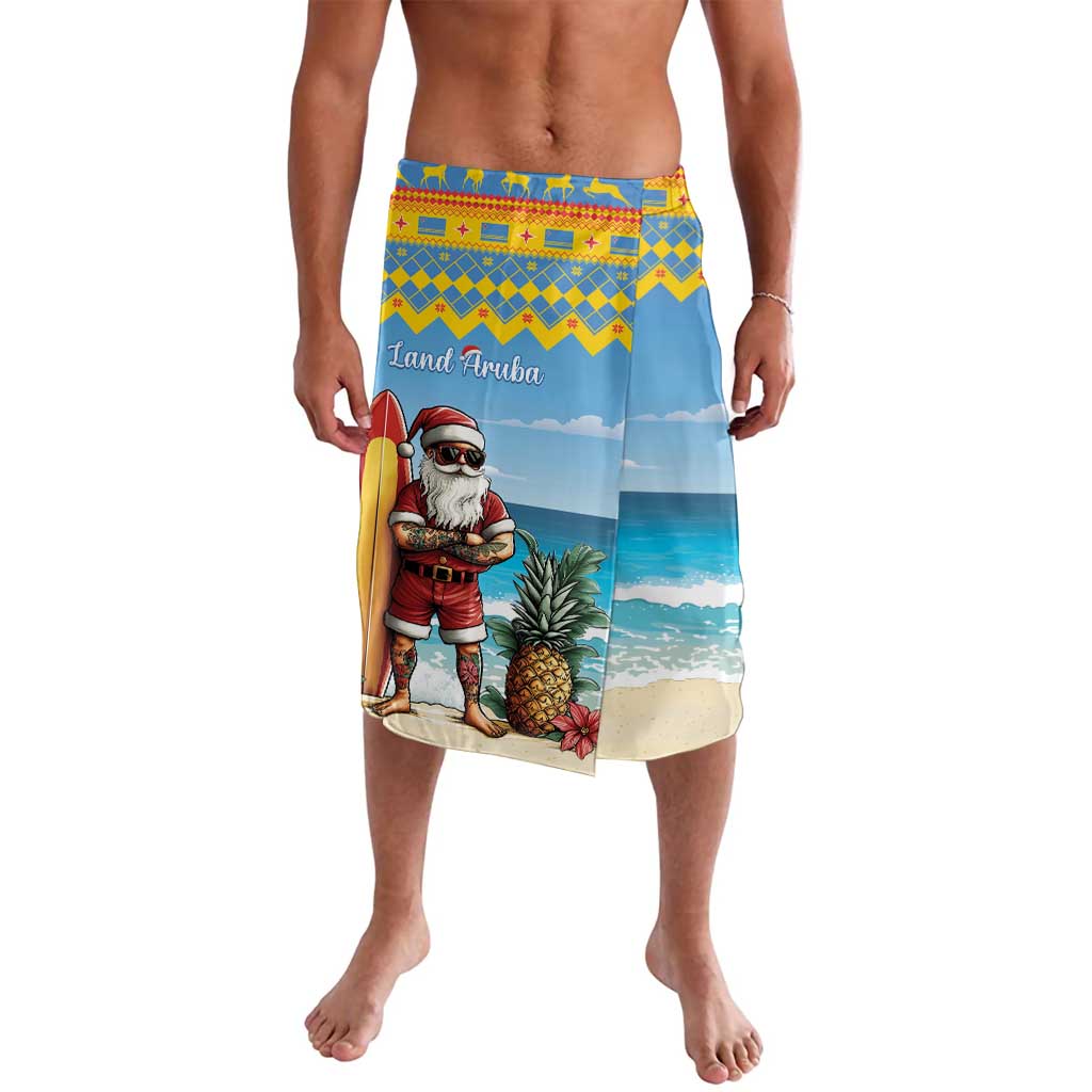 Blue beach sarong with Santa and surfboard graphic, zigzag trim, knee length