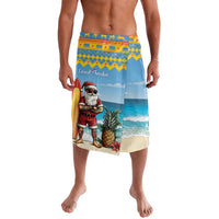 Blue beach sarong with Santa and surfboard graphic, zigzag trim, knee length