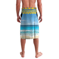 Blue surf-themed sarong with zigzag waistband and beach-wave print, knee length