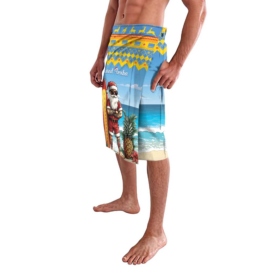 Blue sarong with Santa holding a surfboard, zigzag waistband trim, knee length