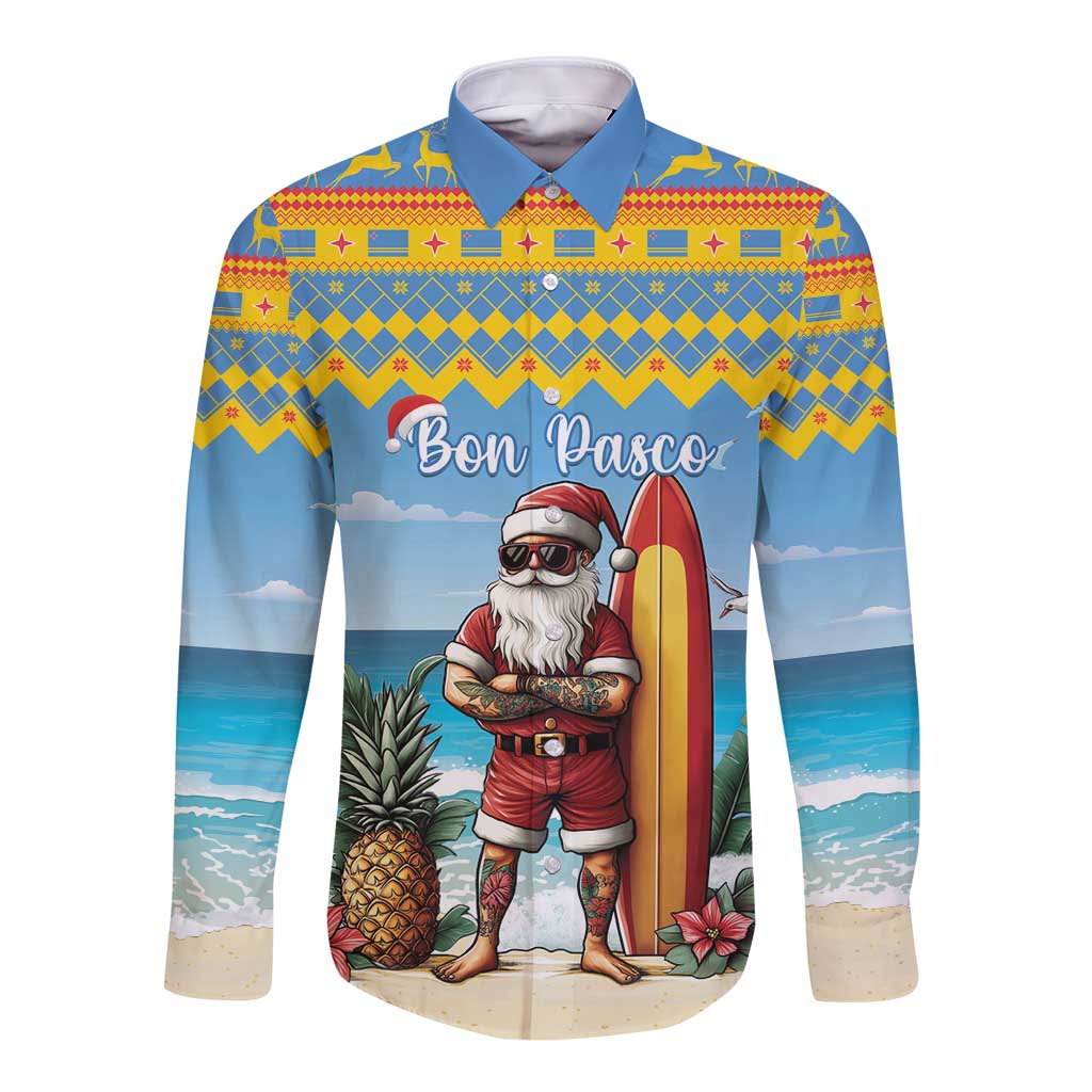 Blue long-sleeve button shirt with Santa surfing graphic and surfboard front