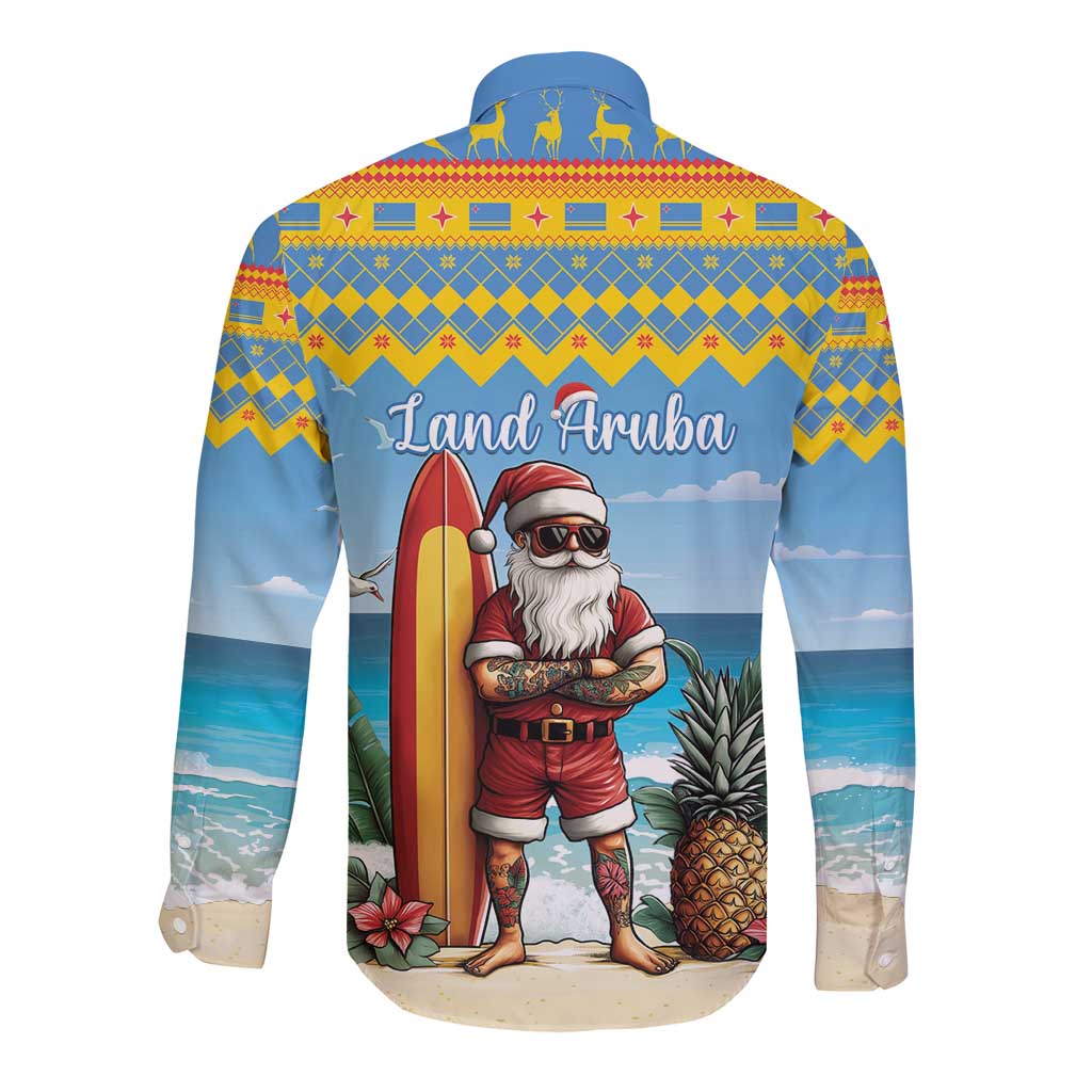 Blue long-sleeve button shirt with Santa holding board, pineapple, and ocean surf design back