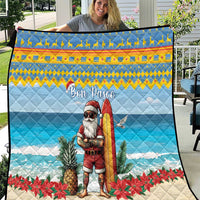 Blue Christmas quilt with Santa surfing on a surfboard, pineapple and holiday flowers