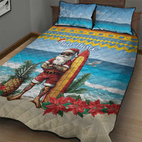 Blue Christmas quilt bed set featuring Surfing Santa with pineapple and poinsettia border