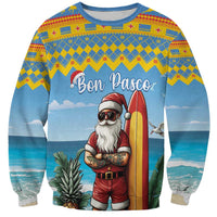 Unisex blue Christmas sweatshirt with Surfing Santa and Bon Pasco graphic