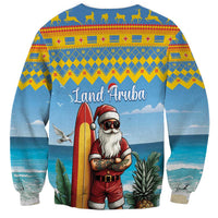 Unisex blue Christmas sweatshirt with Surfing Santa and Land Aruba graphic