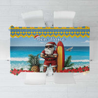 Christmas tablecloth with surfing Santa, blue ocean scene and geometric border