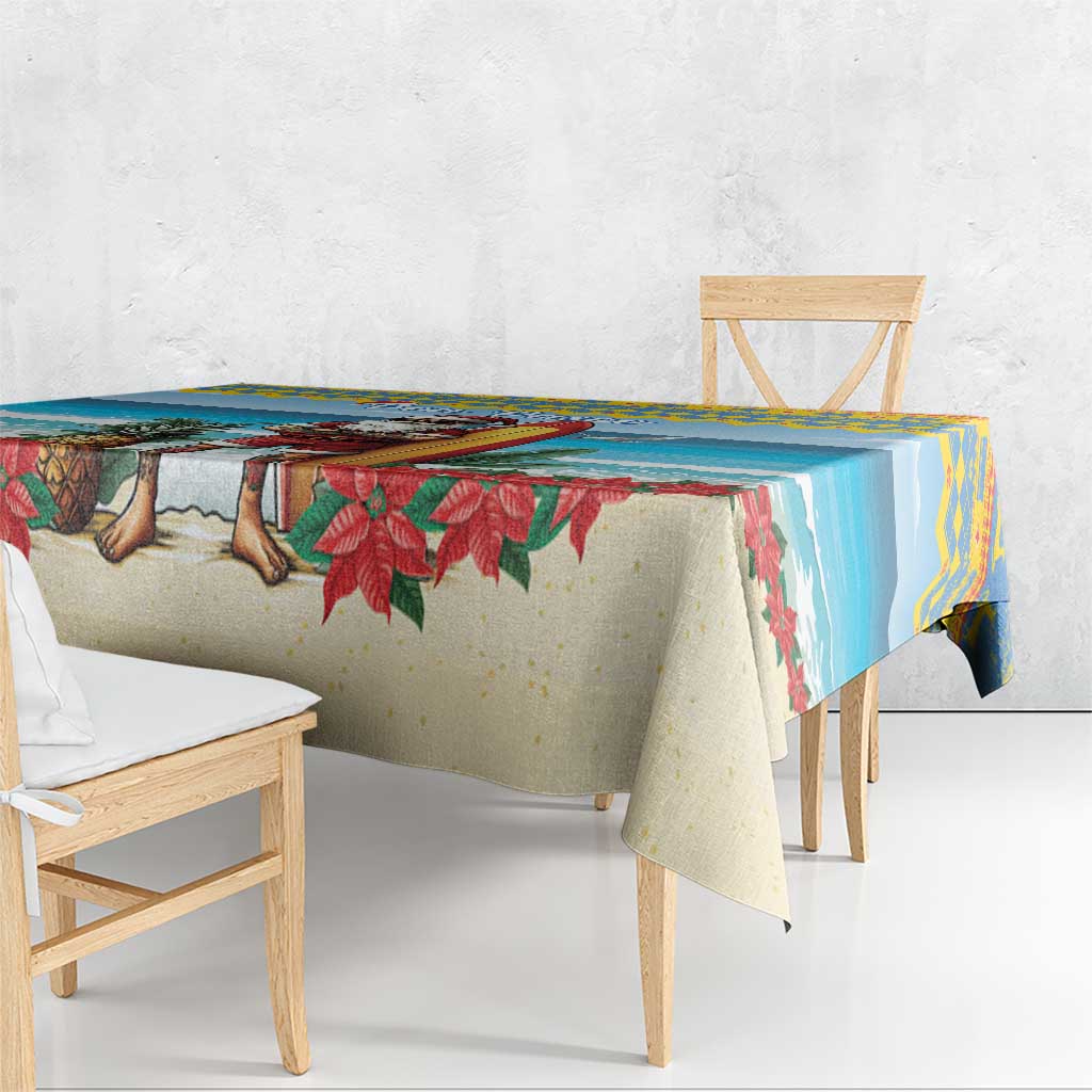 Christmas tablecloth with poinsettia sprigs, cream fabric, and blue edge stripe