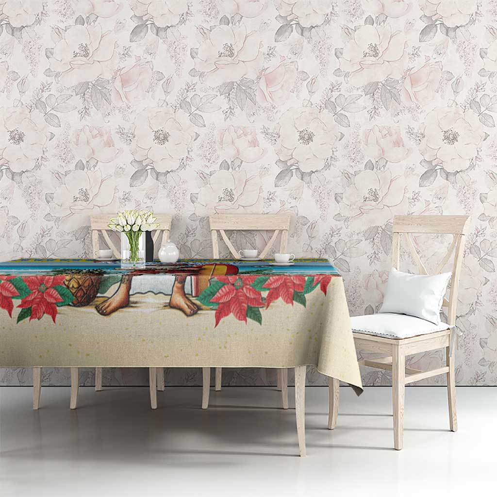 Christmas tablecloth with poinsettia branches and log motif on cream with blue border