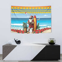 Rectangular Christmas tapestry showing Santa with surfboard, text "Bon Pasco" over beach plants.