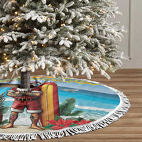 Blue round Christmas tree skirt with surfing Santa on surfboard, white fringed edge, holiday print