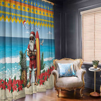 Blue Christmas window curtain with surfing Santa and poinsettias