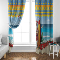 Blue Christmas window curtain panel with Santa, toy surfboard, and poinsettias.