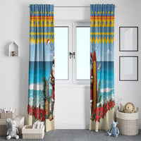 Blue Christmas window curtain pair with Surfing Santa and poinsettias, hanging panels