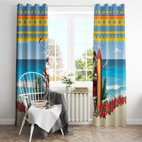 Blue Christmas window curtain panels with surfing Santa and holiday pattern