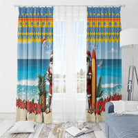 Blue printed holiday window curtain panels with Santa surfer and poinsettias, header hooks