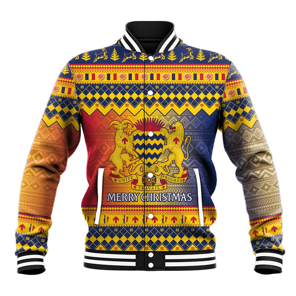 Blue multicolor Christmas baseball jacket with ribbed collar, snap front, 'Merry Christmas' print