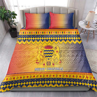 Christmas duvet and pillow set with blue and red panel stripes, “Merry Christmas” lettering