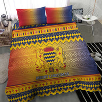 Christmas bedding set with blue, red, and yellow crest stripe pattern and “Merry Christmas”
