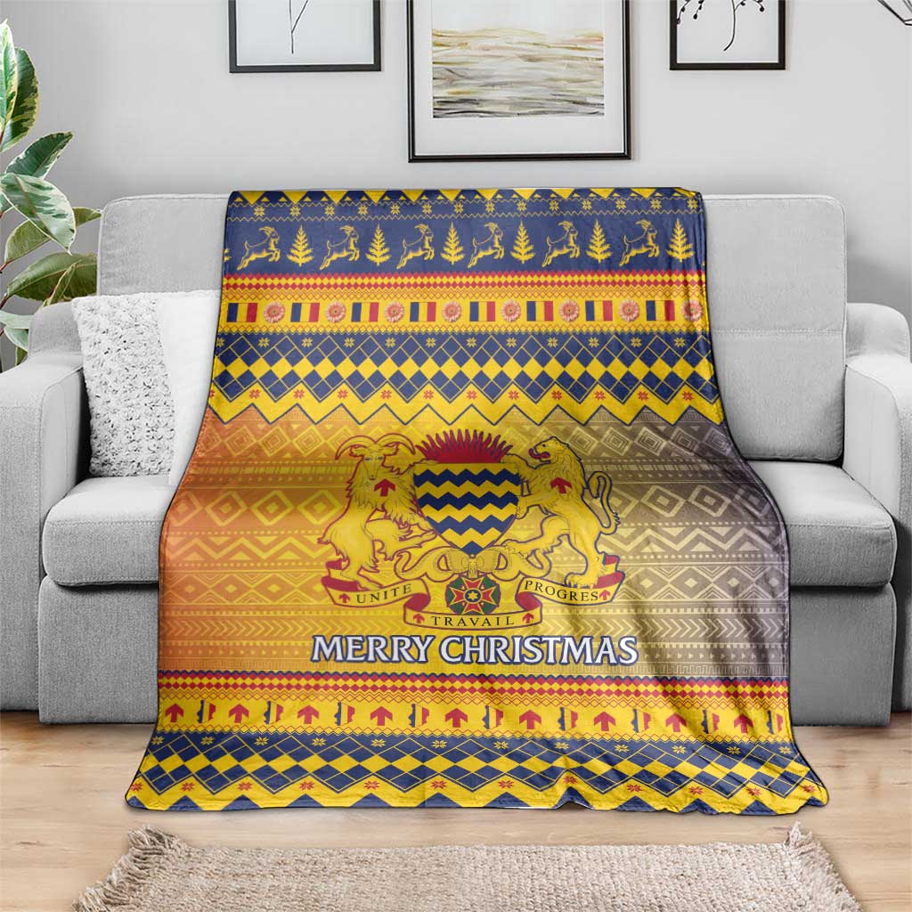 Rectangular Christmas throw blanket with lion crest, geometric stripes, and “Merry Christmas”