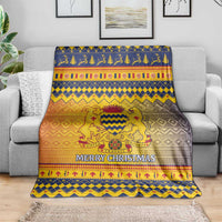 Rectangular Christmas throw blanket with lion crest, geometric stripes, and “Merry Christmas”