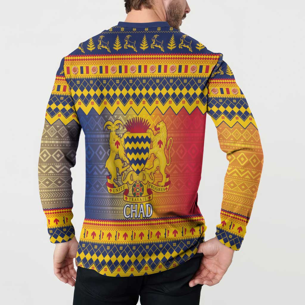 Blue button-front sweatshirt, back view with large crest graphic and long sleeves