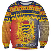Unisex blue Christmas sweatshirt with coat-of-arms graphic and Merry Christmas banner