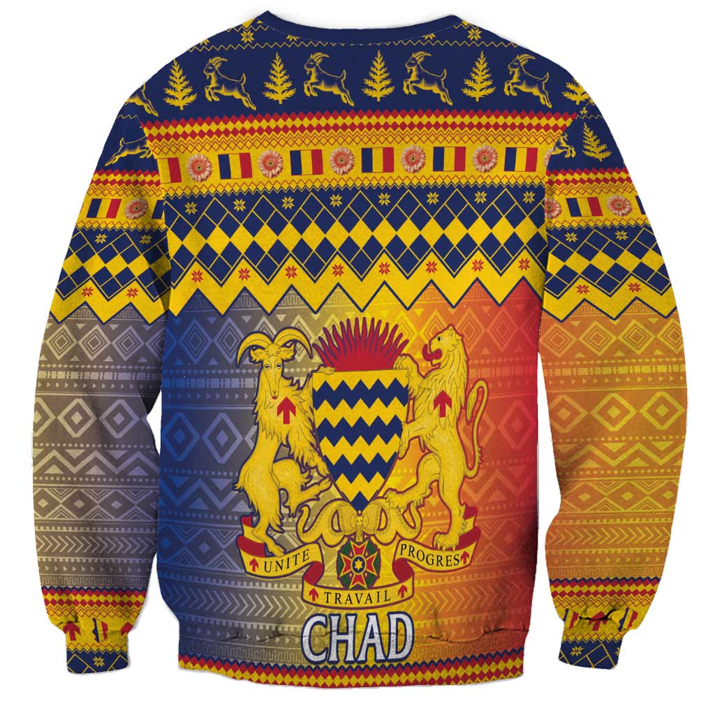 Unisex blue Christmas sweatshirt with coat-of-arms graphic and CHAD text, long sleeves