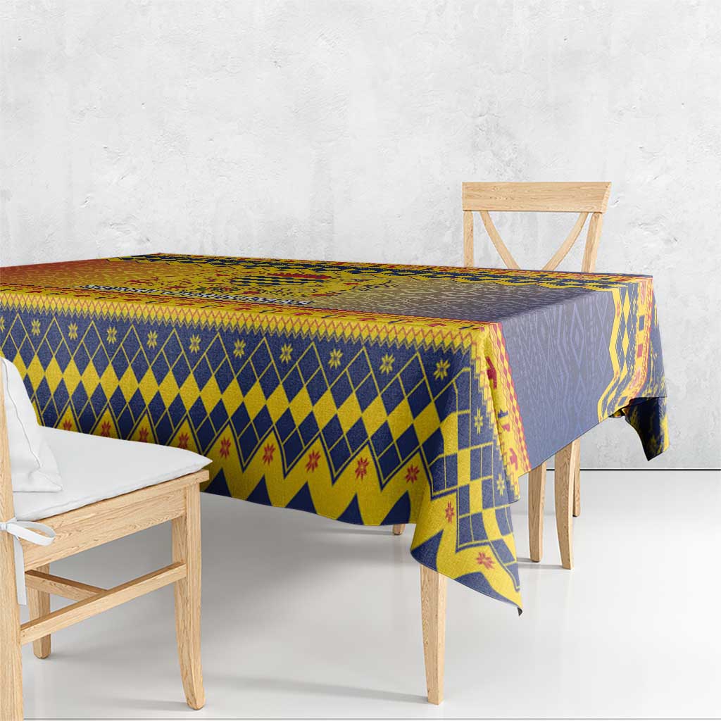 Blue and yellow geometric Christmas tablecloth with patterned border