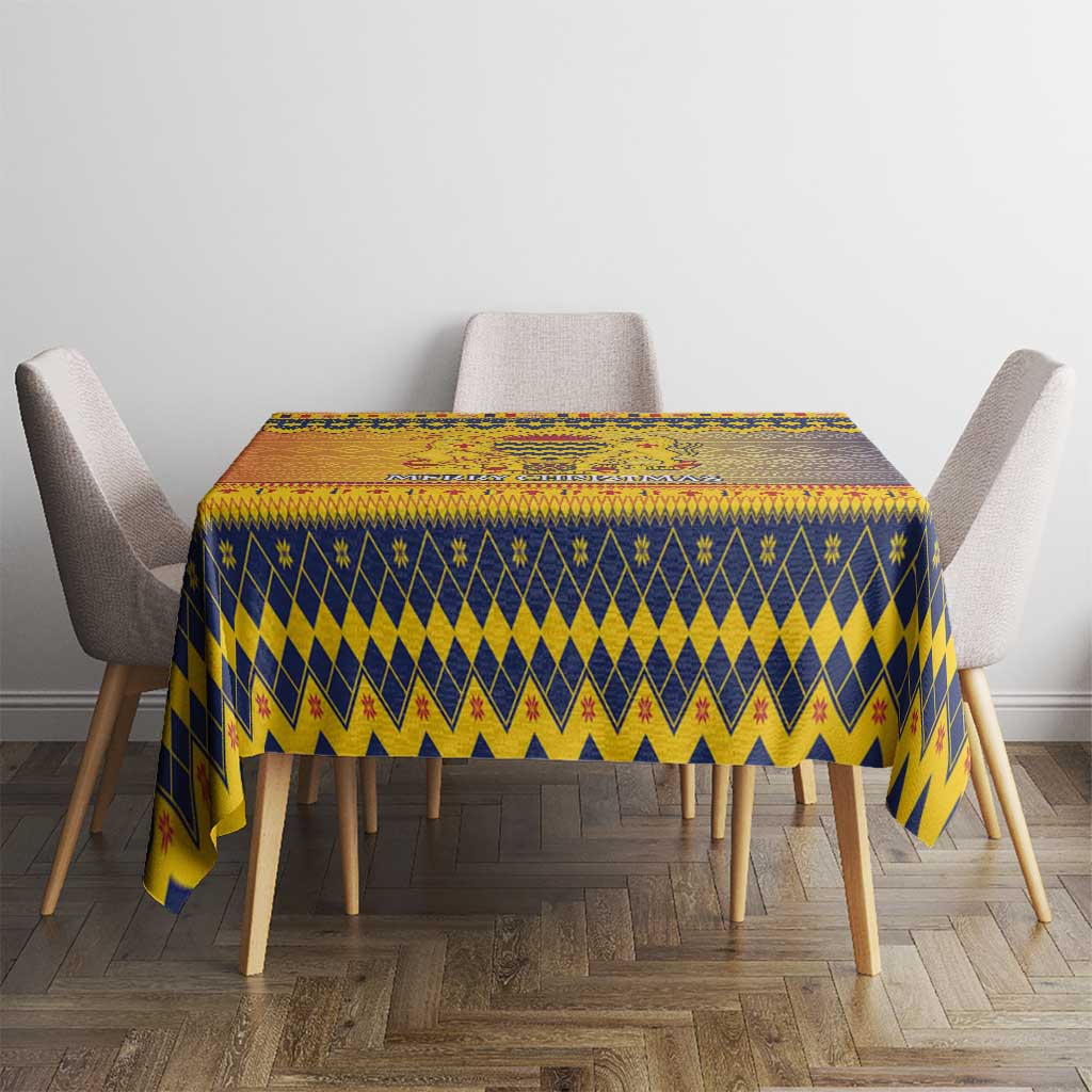 Blue and yellow geometric Christmas tablecloth, rectangular with draped edge