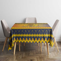 Blue and yellow geometric Christmas tablecloth, rectangular with draped edge