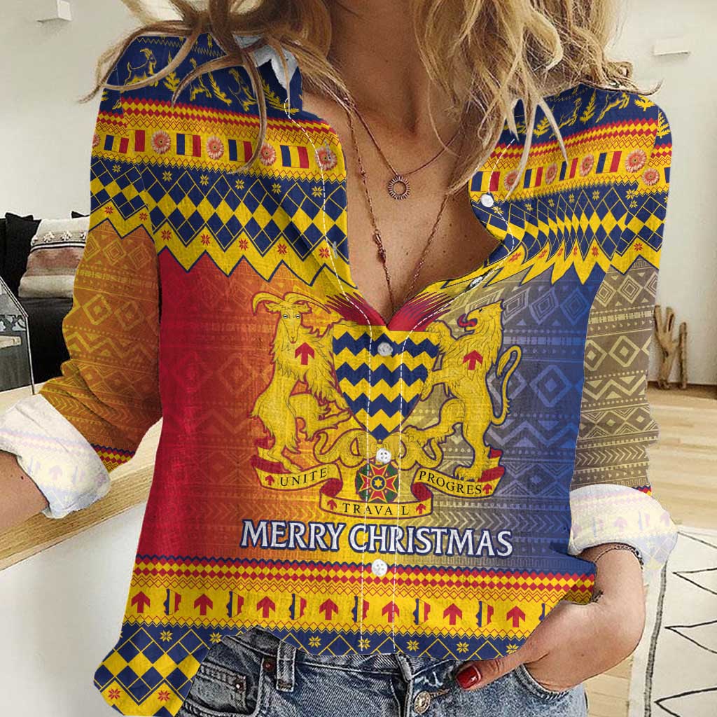 Chad Christmas Women Casual Shirt Coat Of Arms Merry Christmas