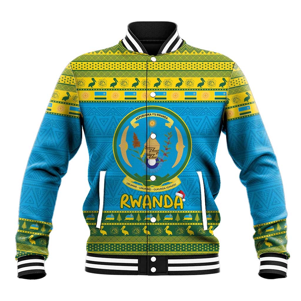 Blue-and-yellow patterned baseball jacket with ribbed striped collar and snap button front