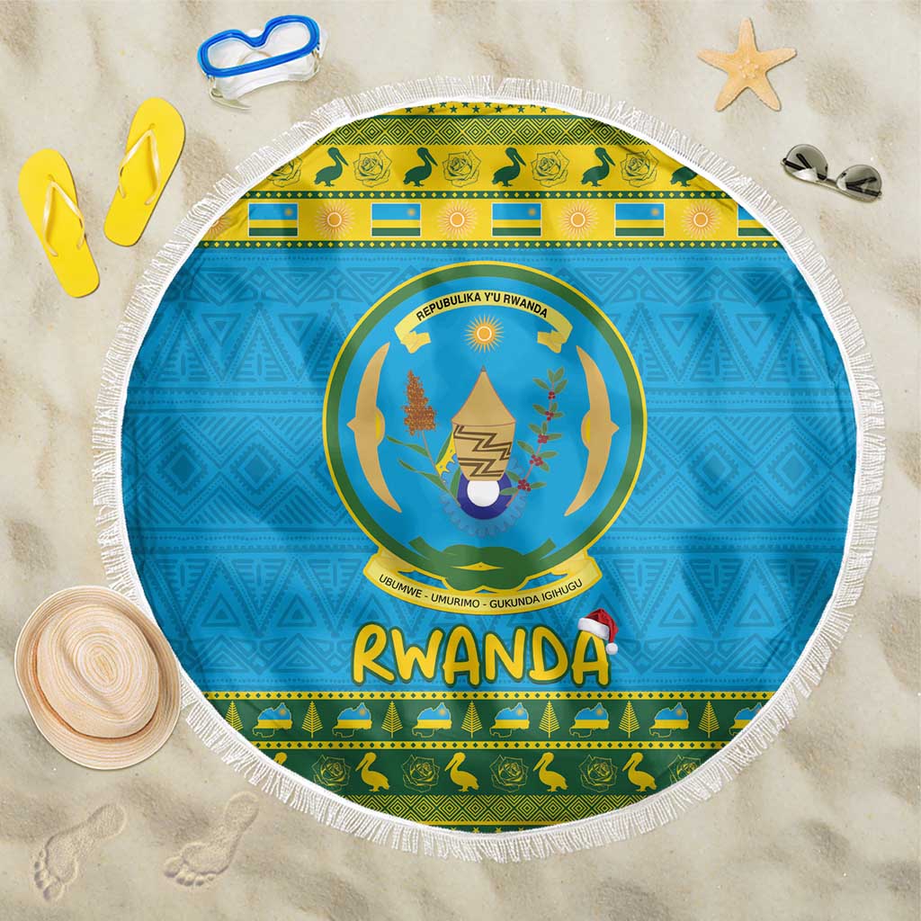 Blue round beach blanket with Rwanda crest, “RWANDA” text, and white fringe edge