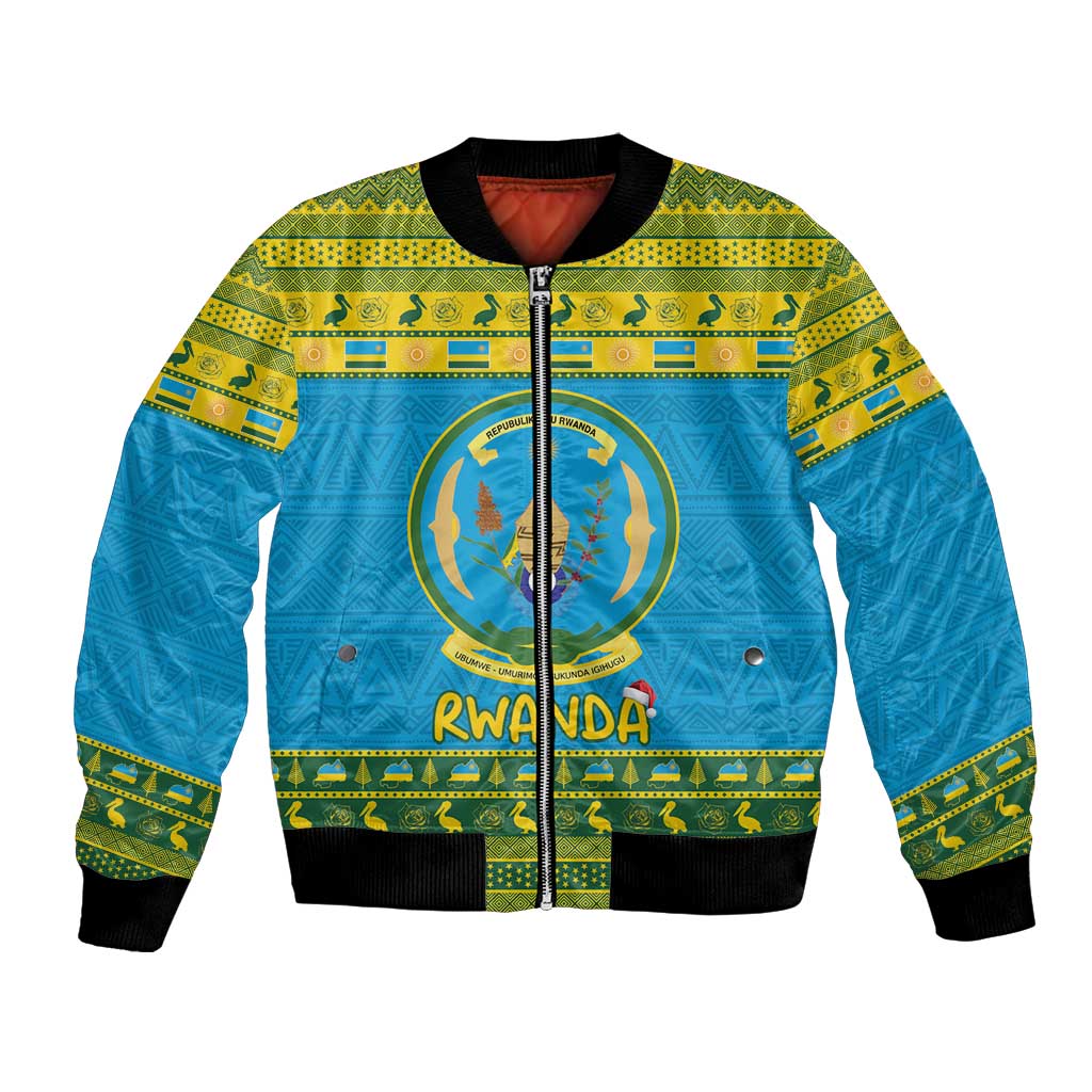 Blue bomber jacket with green/yellow trim, front zipper, Rwanda crest and 'RWANDA' text